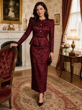 Vtg 80s Jessica McClintock Burgundy Brocade Skirt Suit Dress Set Victorian Sz 8